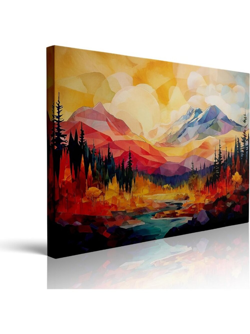 Abstract Mountain Sunset Canvas Art - Framed Geometric Peaks & River Decor 16x24